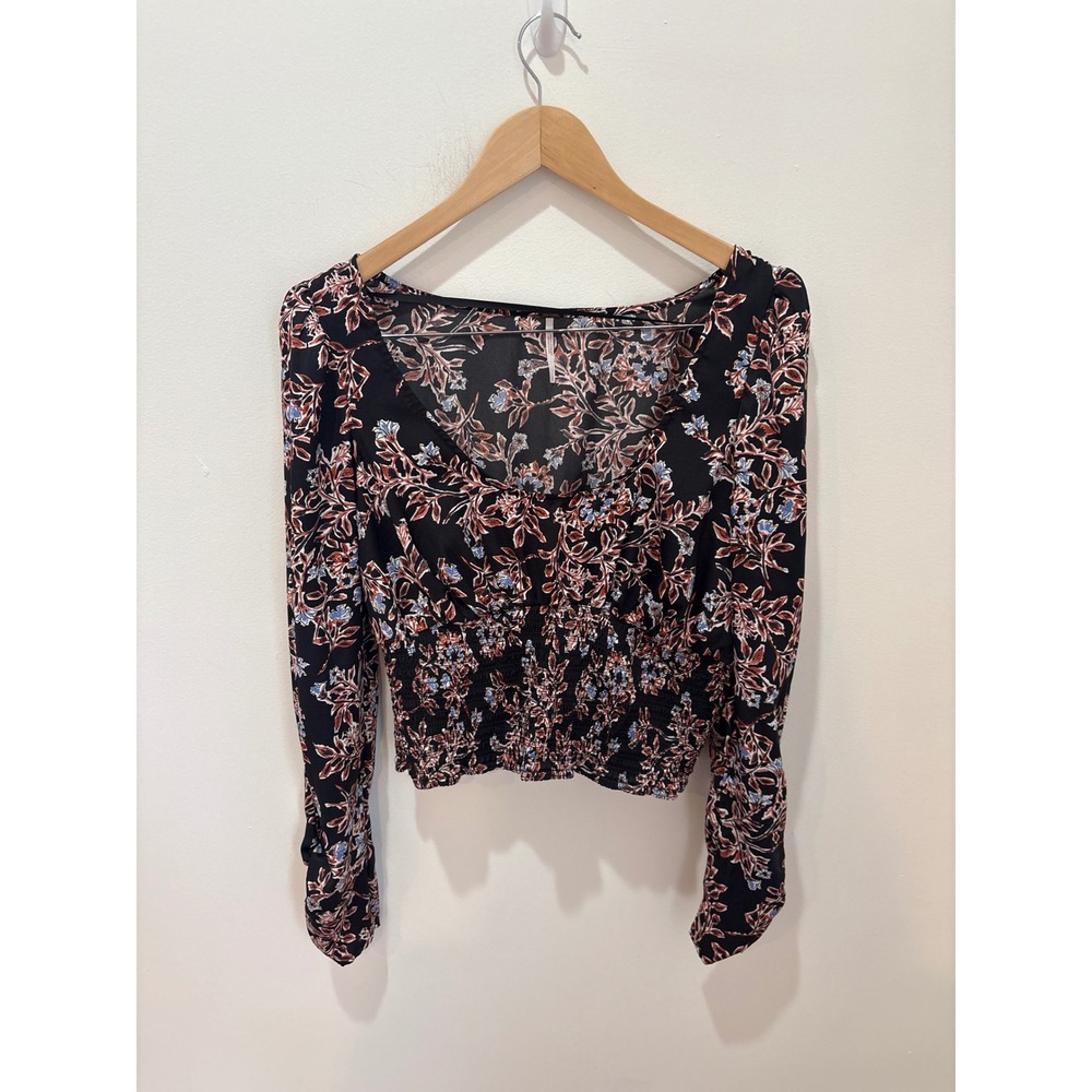 Free People Floral Smocked Waist Square Neck Long Sleeve Blouse Black Large